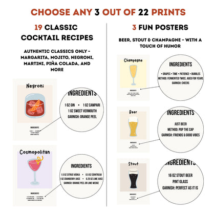 Cocktail Recipe Posters, Choose Any 3 Prints, Bar Cart Wall Art Decor D154