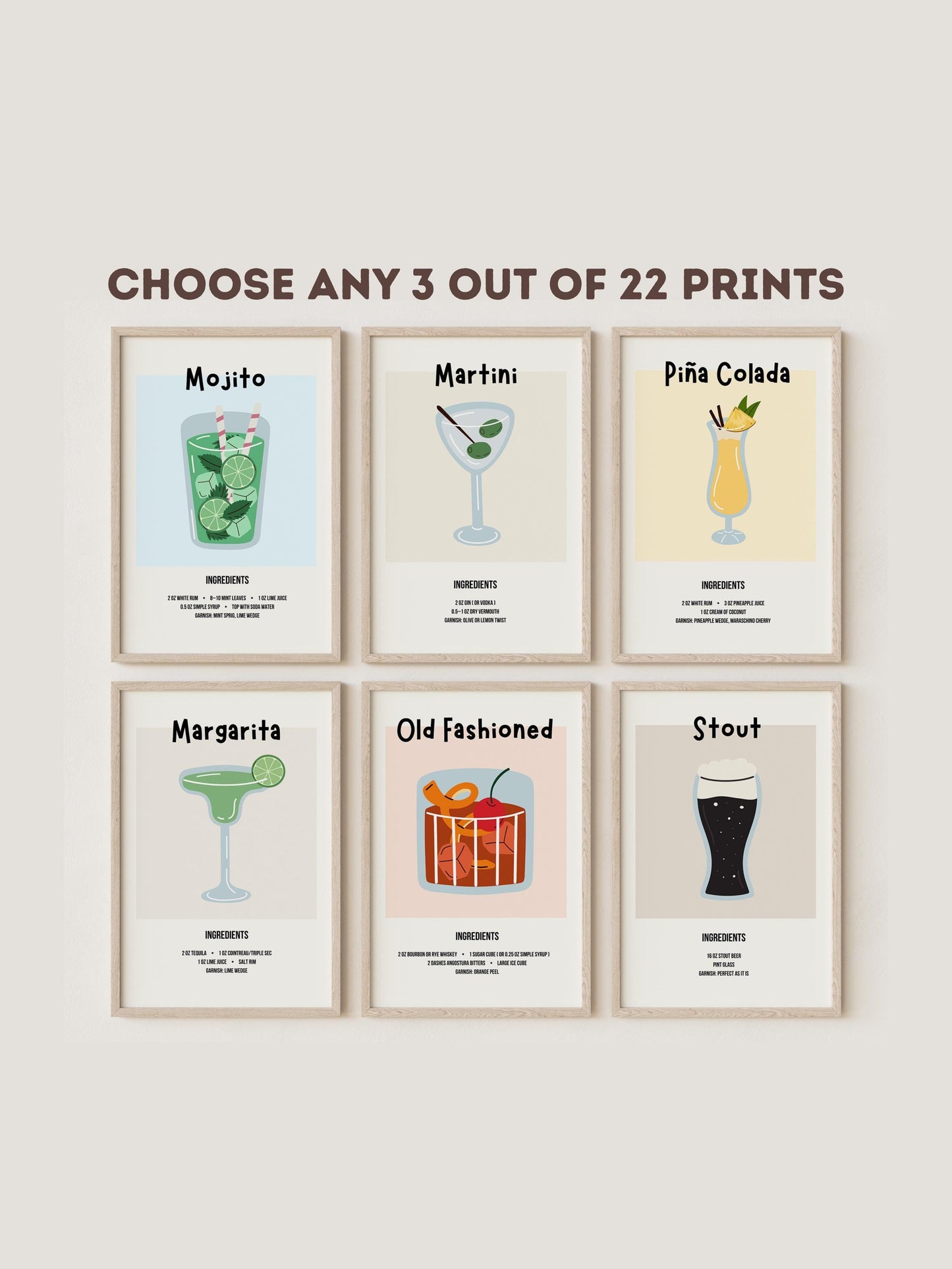 Cocktail Recipe Posters, Choose Any 3 Prints, Bar Cart Wall Art Decor D154