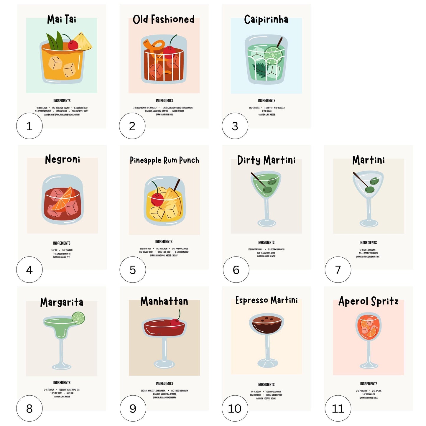 Cocktail Recipe Posters, Choose Any 3 Prints, Bar Cart Wall Art Decor D154