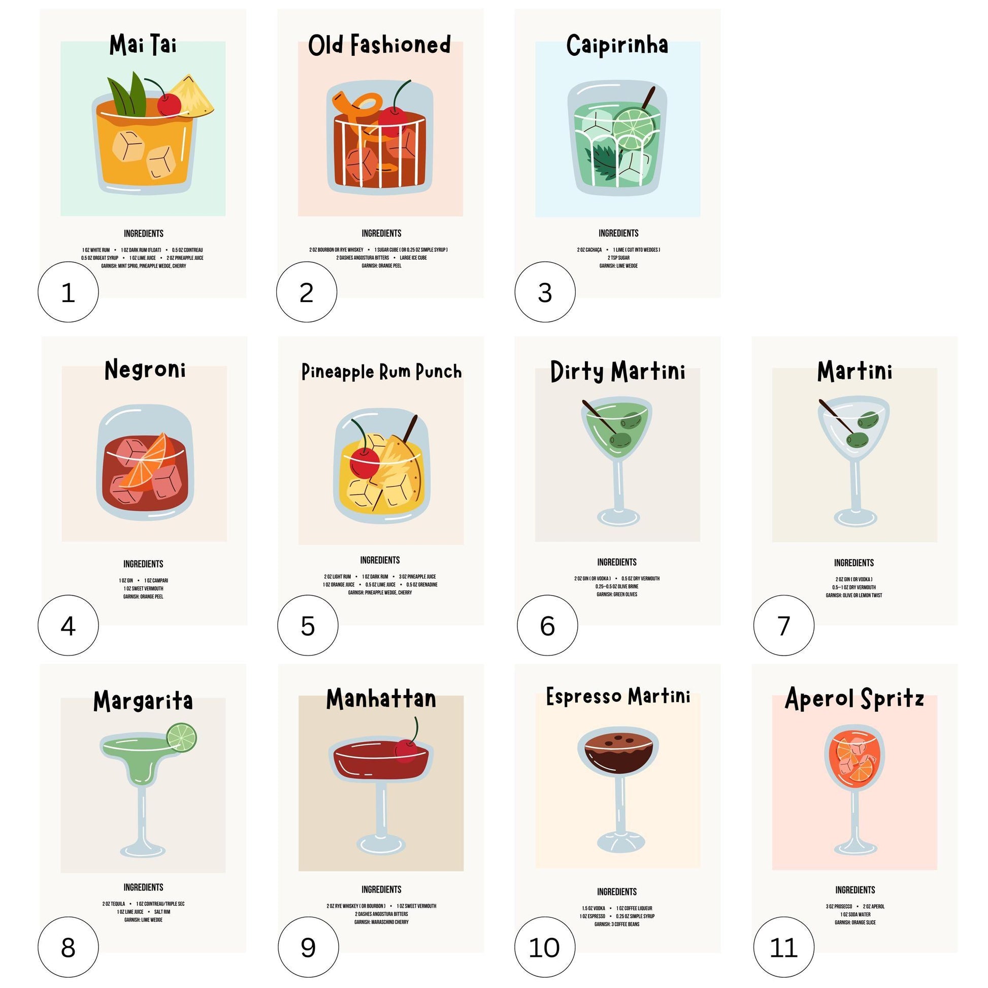 Cocktail Recipe Posters, Choose Any 3 Prints, Bar Cart Wall Art Decor D154