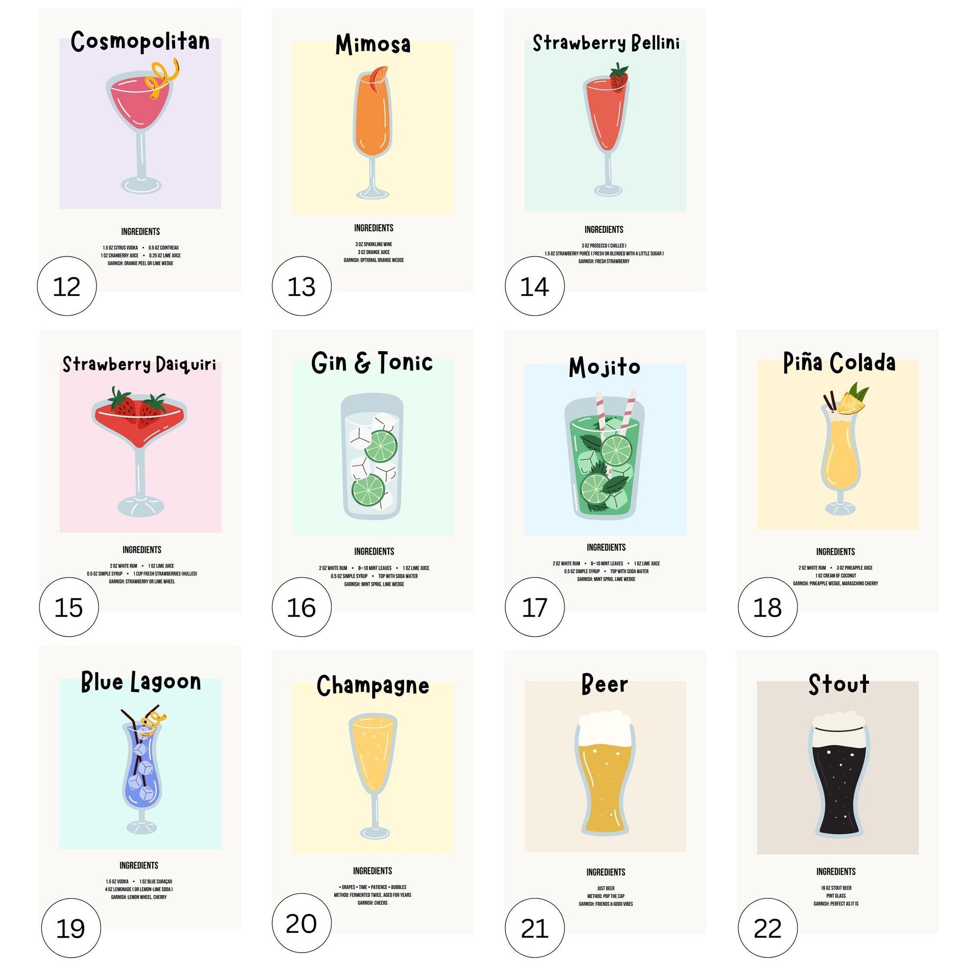 Cocktail Recipe Posters, Choose Any 3 Prints, Bar Cart Wall Art Decor D154