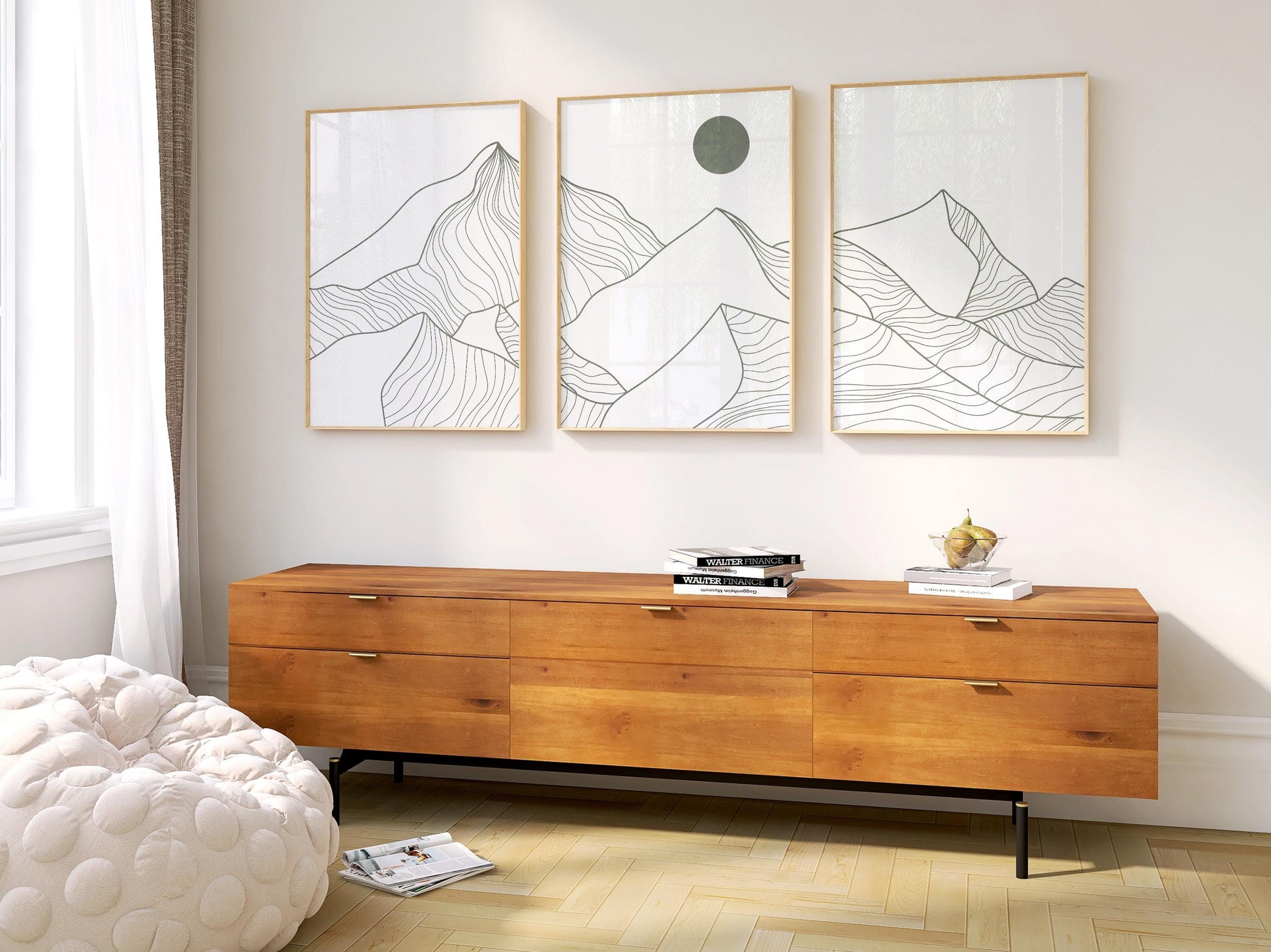 Japandi Mountain Line Art Print Set | Neutral Boho Triptych B092