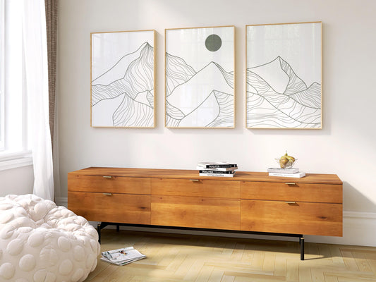 Japandi Mountain Line Art Print Set | Neutral Boho Triptych B092