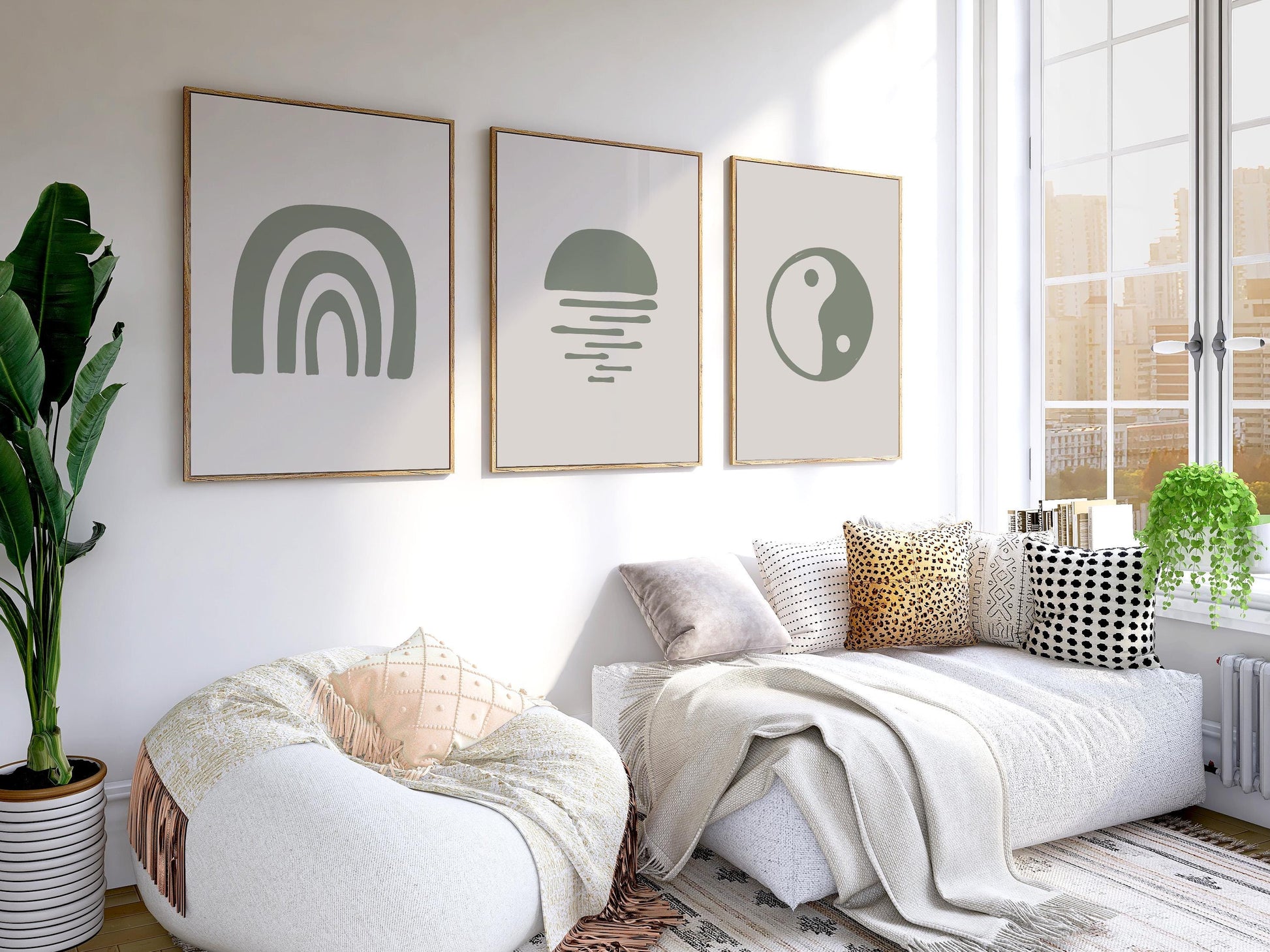Boho Wall Art Prints, Set of 3 Earth Tone Boho Home Decor, Boho Abstract Geometric Posters, Rainbow Living Room Art, Yin Yang Symbol Art B29