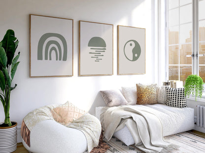 Boho Wall Art Prints, Set of 3 Earth Tone Boho Home Decor, Boho Abstract Geometric Posters, Rainbow Living Room Art, Yin Yang Symbol Art B29