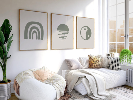 Boho Wall Art Prints, Set of 3 Earth Tone Boho Home Decor, Boho Abstract Geometric Posters, Rainbow Living Room Art, Yin Yang Symbol Art B29
