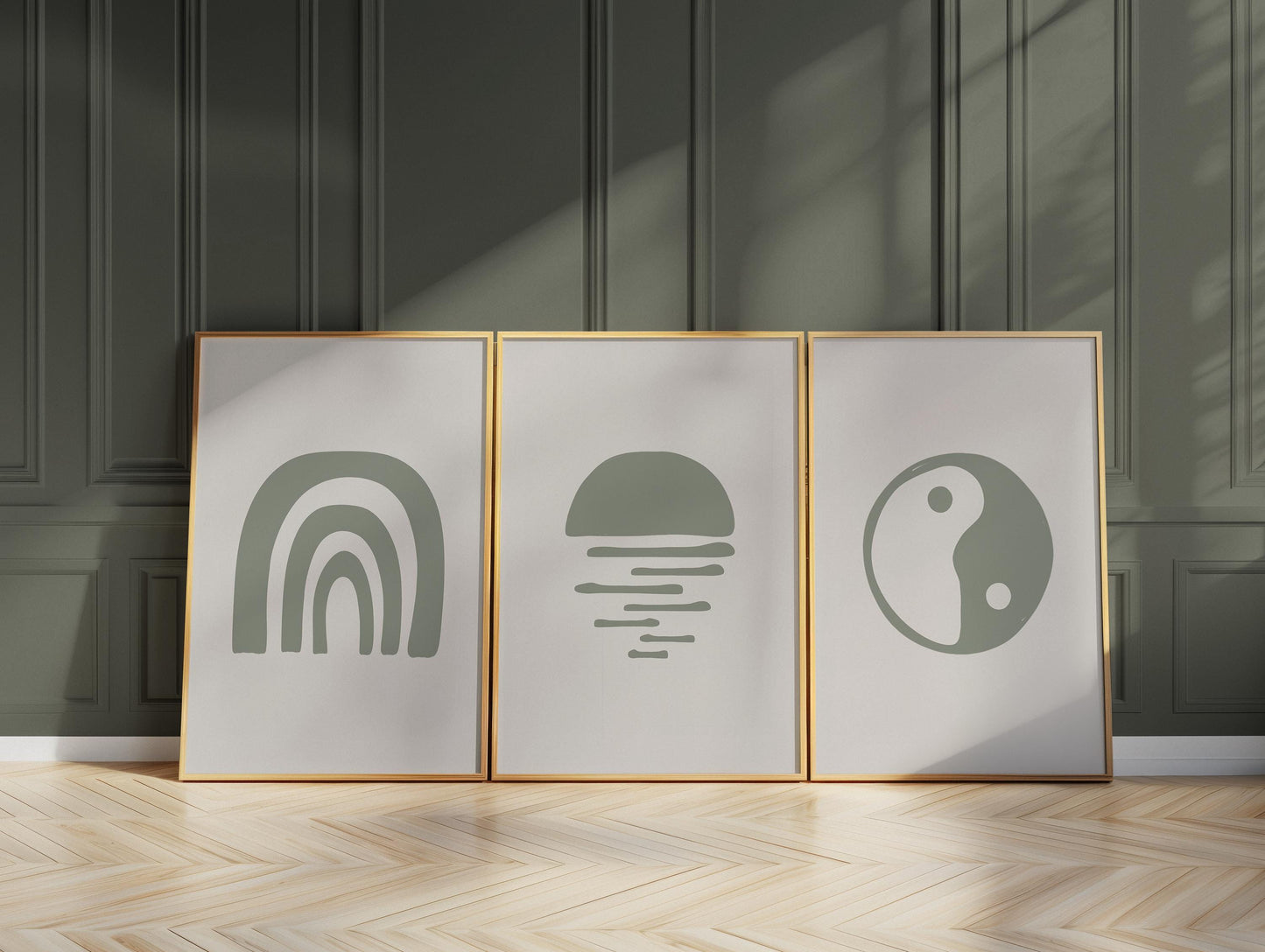 Boho Wall Art Prints, Set of 3 Earth Tone Boho Home Decor, Boho Abstract Geometric Posters, Rainbow Living Room Art, Yin Yang Symbol Art B29