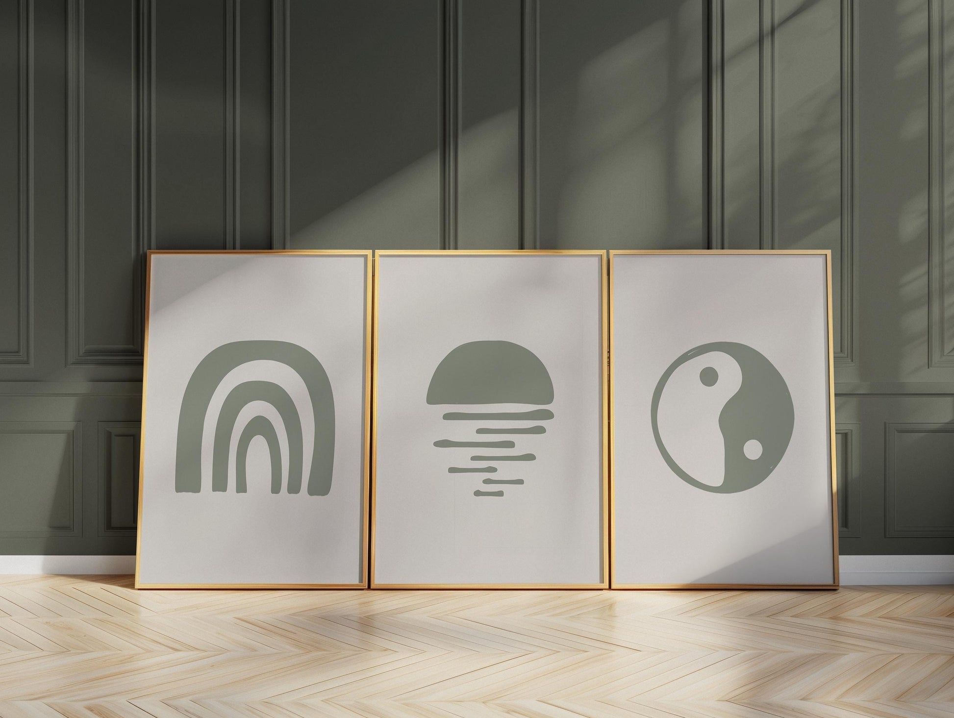 Boho Wall Art Prints, Set of 3 Earth Tone Boho Home Decor, Boho Abstract Geometric Posters, Rainbow Living Room Art, Yin Yang Symbol Art B29