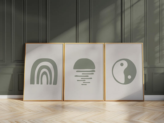 Boho Wall Art Prints, Set of 3 Earth Tone Boho Home Decor, Boho Abstract Geometric Posters, Rainbow Living Room Art, Yin Yang Symbol Art B29