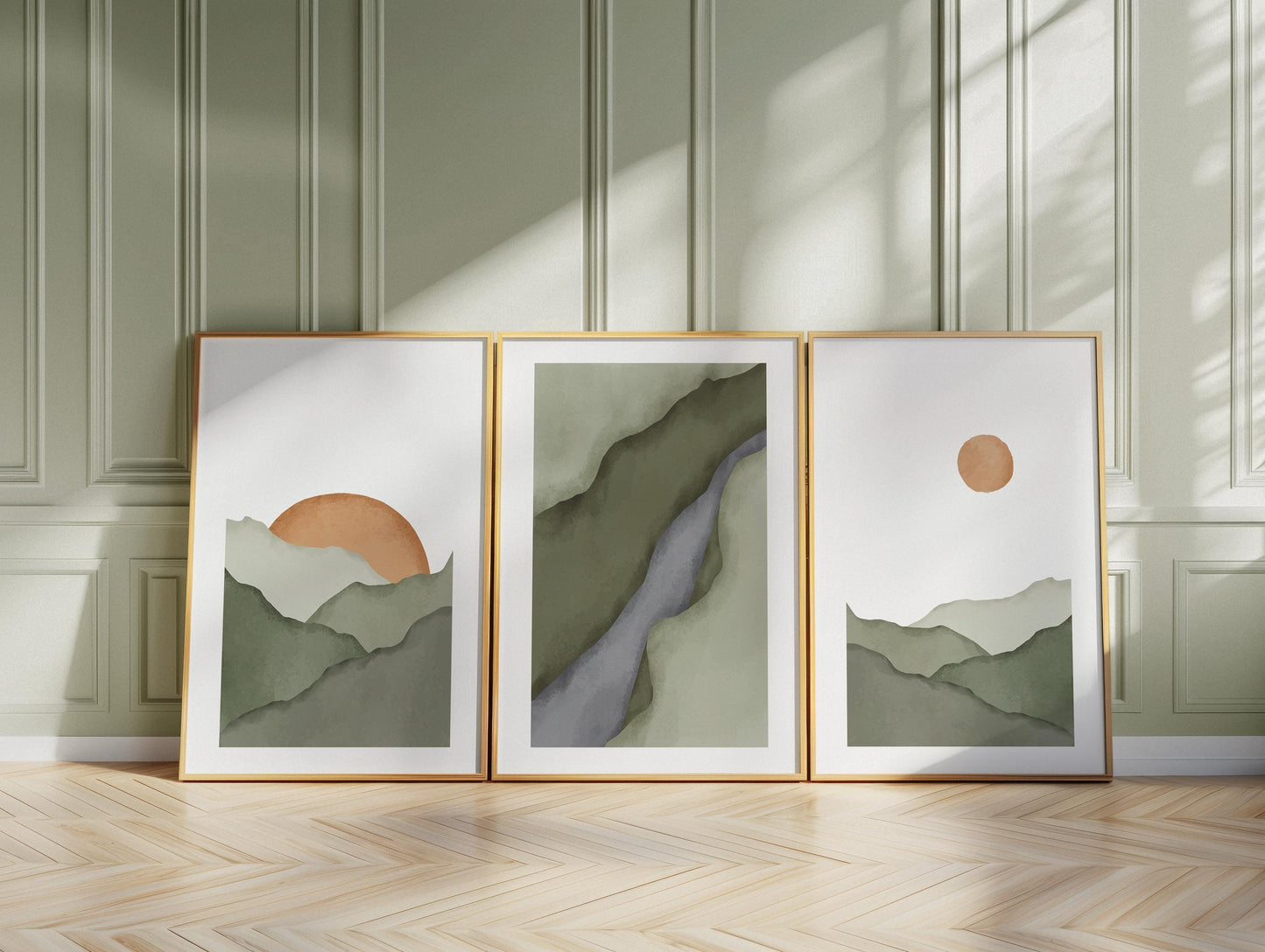 Mountain Wall Art Set of 3, Minimalist Sage Green Prints, Neutral Boho Rising Sun Posters, Japandi Wall Decor B097