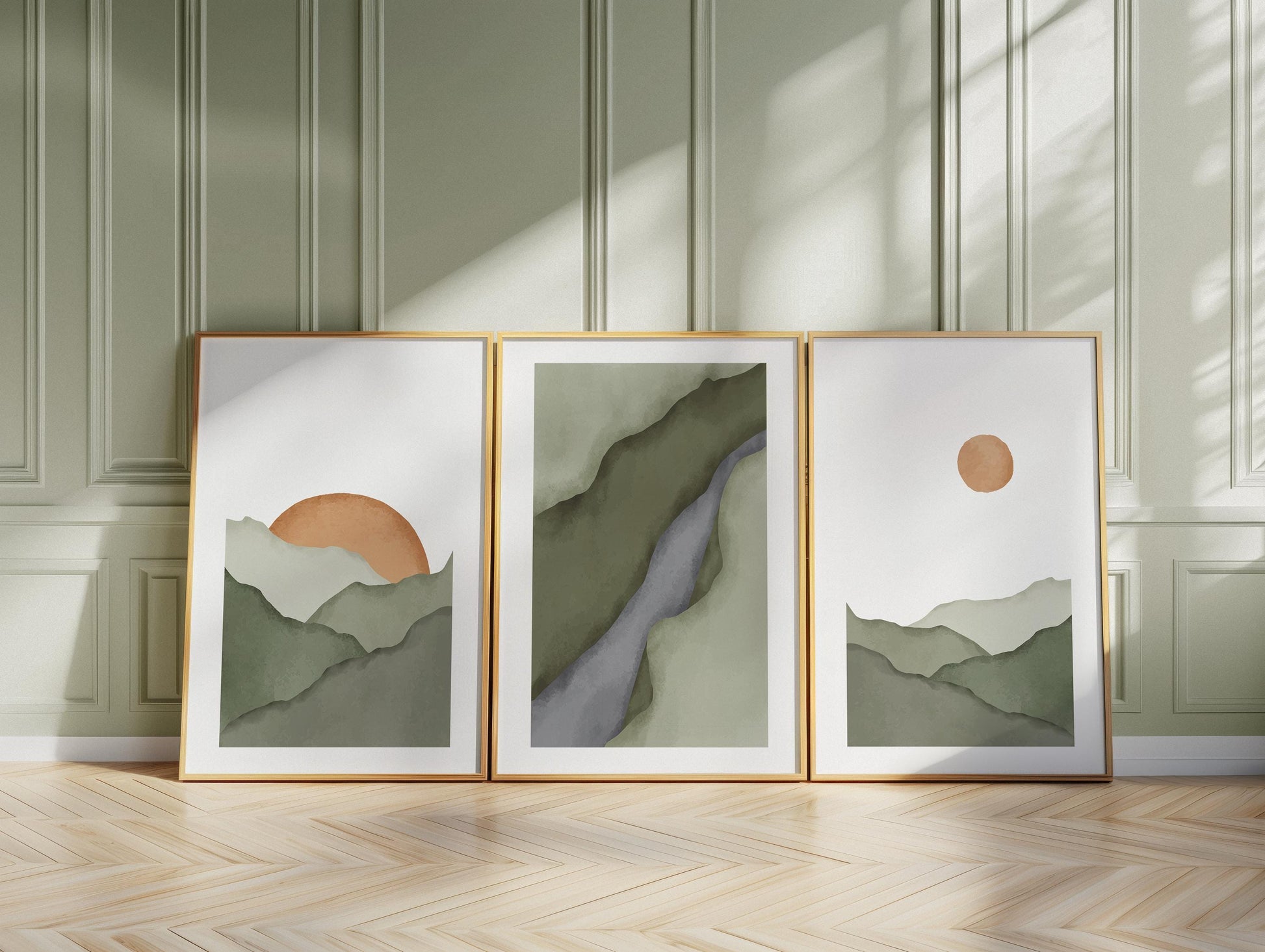 Mountain Wall Art Set of 3, Minimalist Sage Green Prints, Neutral Boho Rising Sun Posters, Japandi Wall Decor B097