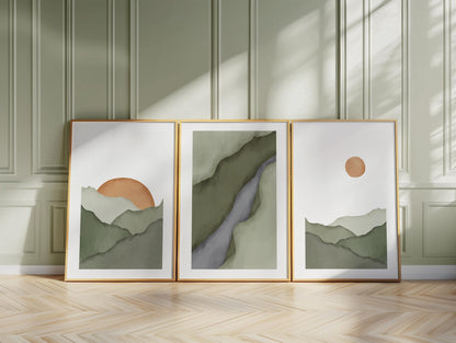 Mountain Wall Art Set of 3, Minimalist Sage Green Prints, Neutral Boho Rising Sun Posters, Japandi Wall Decor B097