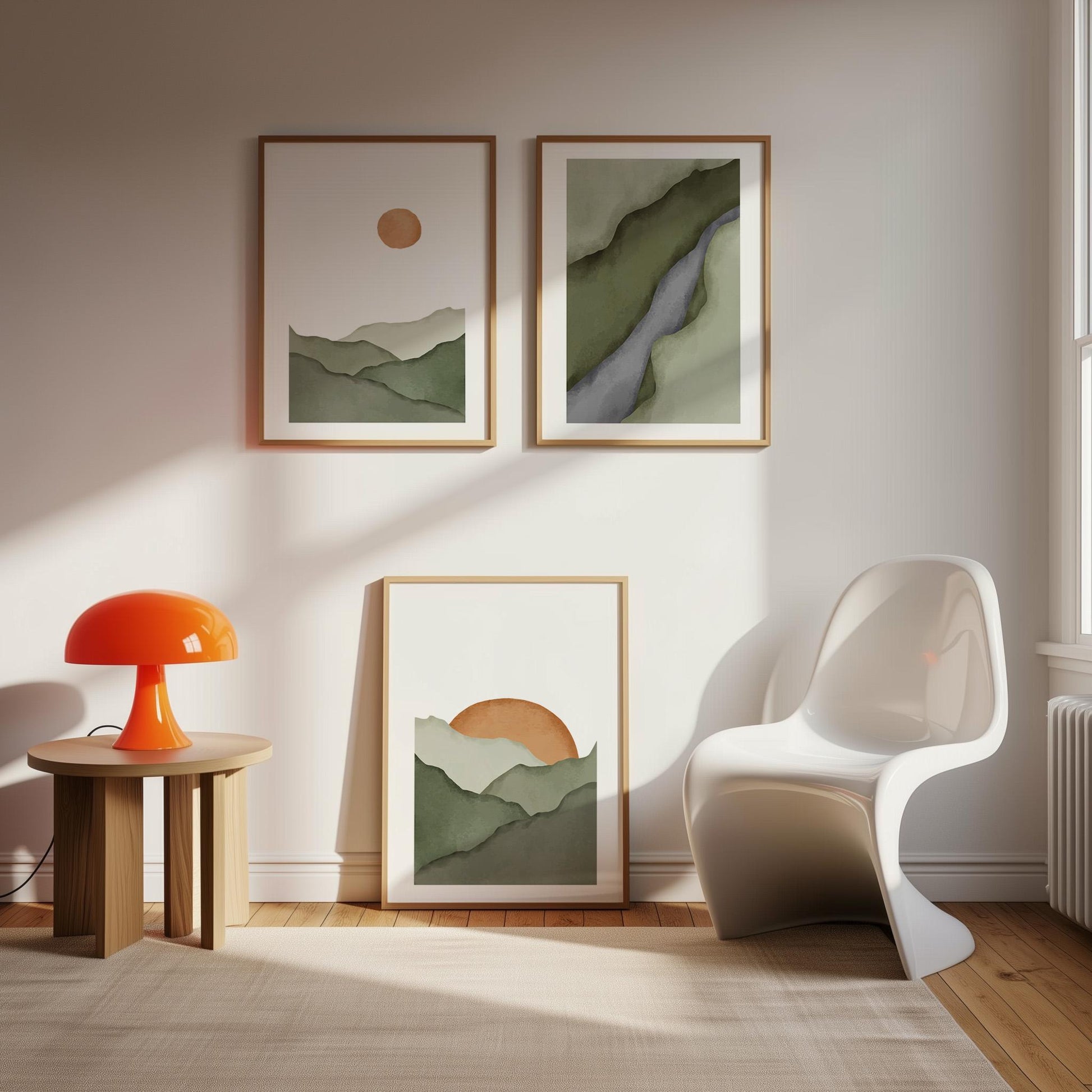 Mountain Wall Art Set of 3, Minimalist Sage Green Prints, Neutral Boho Rising Sun Posters, Japandi Wall Decor B097