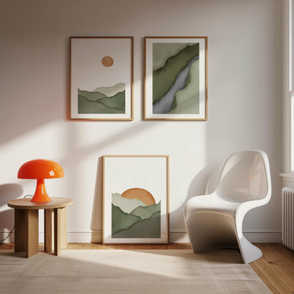 Mountain Wall Art Set of 3, Minimalist Sage Green Prints, Neutral Boho Rising Sun Posters, Japandi Wall Decor B097