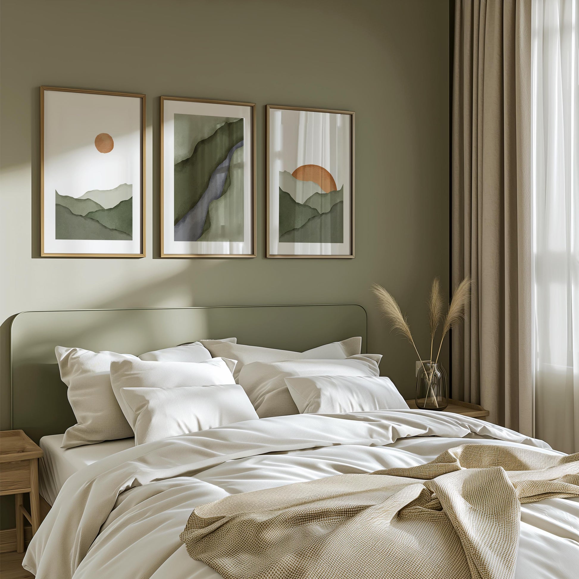 Mountain Wall Art Set of 3, Minimalist Sage Green Prints, Neutral Boho Rising Sun Posters, Japandi Wall Decor B097