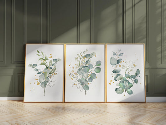 Eucalyptus Wall Art Prints – Gold Accent Botanical Decor, Minimalist Watercolor Green Plant, Scandinavian Home Set F1