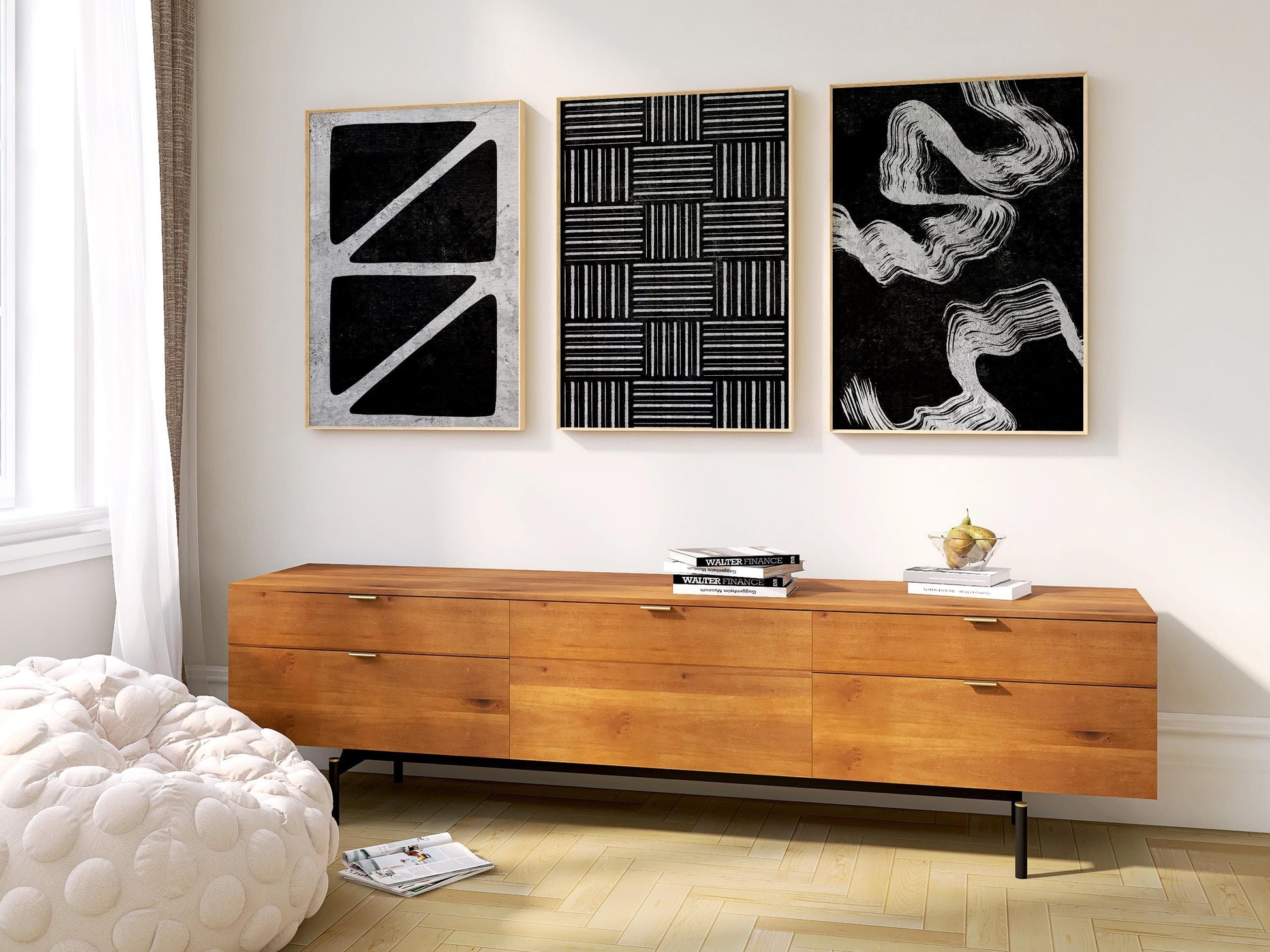 Monochrome Abstract Wall Art Trio, Modern Geometric Prints for Japandi or Scandinavian Decor, Neutral Posters for Apartment Gallery Wall B77