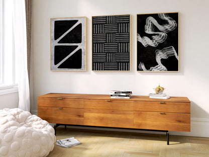 Monochrome Abstract Wall Art Trio, Modern Geometric Prints for Japandi or Scandinavian Decor, Neutral Posters for Apartment Gallery Wall B77