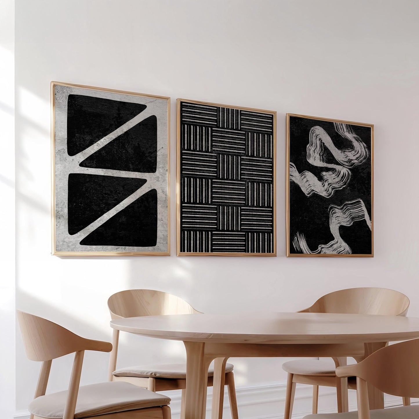 Monochrome Abstract Wall Art Trio, Modern Geometric Prints for Japandi or Scandinavian Decor, Neutral Posters for Apartment Gallery Wall B77