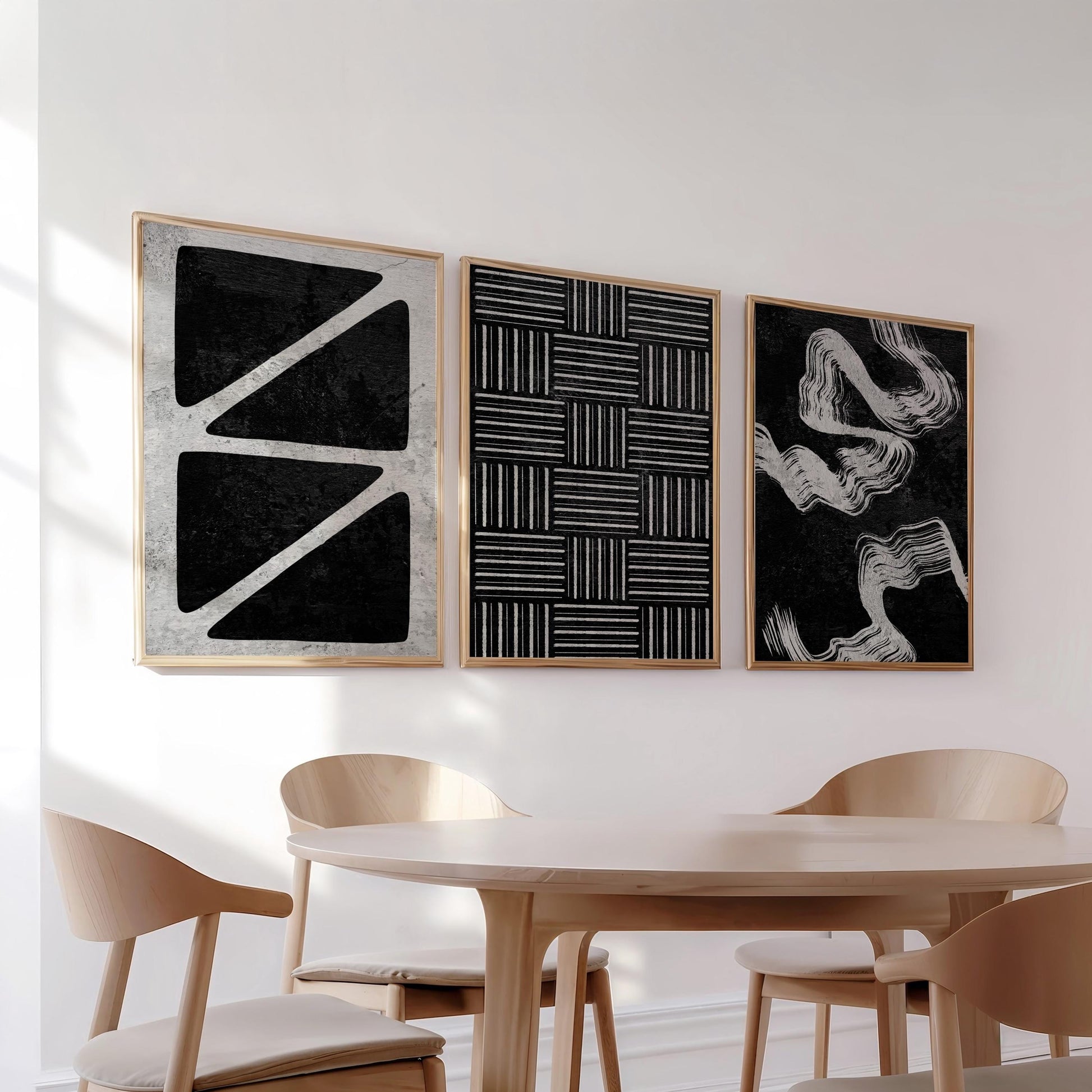 Monochrome Abstract Wall Art Trio, Modern Geometric Prints for Japandi or Scandinavian Decor, Neutral Posters for Apartment Gallery Wall B77