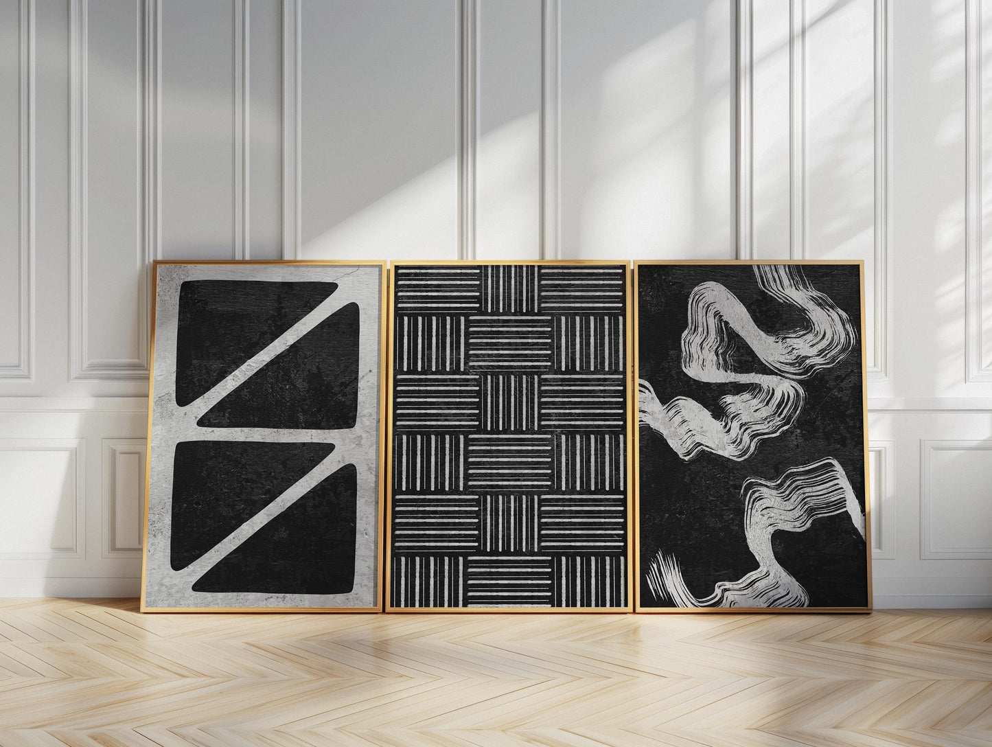 Monochrome Abstract Wall Art Trio, Modern Geometric Prints for Japandi or Scandinavian Decor, Neutral Posters for Apartment Gallery Wall B77
