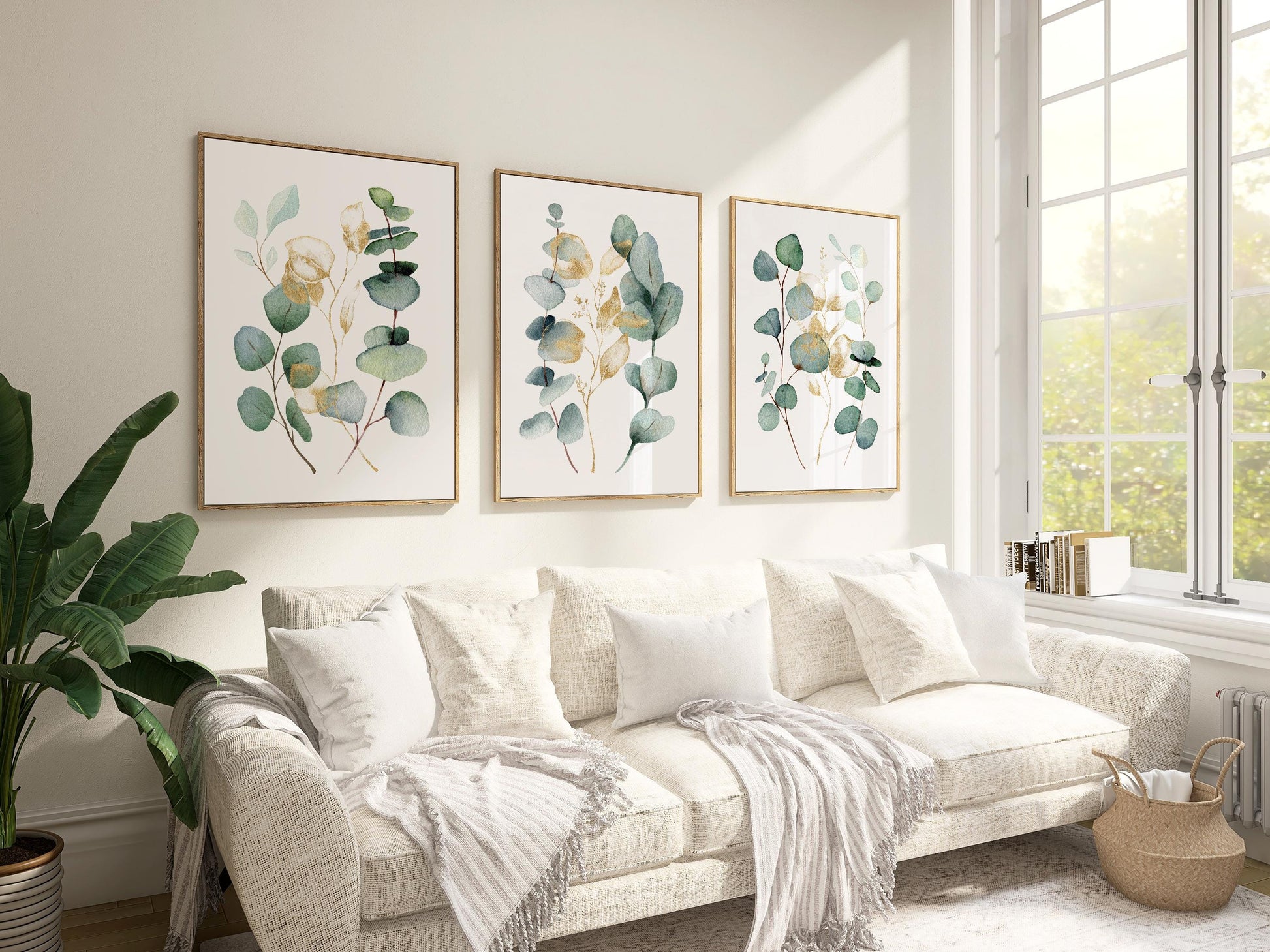 Eucalyptus Wall Art Set of 3, Sage Green Botanical Prints with Gold Accents, Neutral Minimal Decor for Kitchen Bedroom Living Room F004