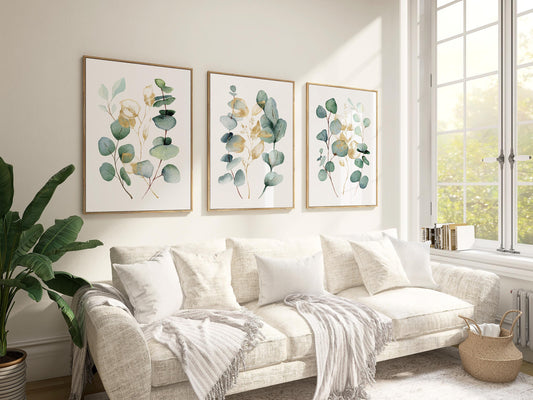 Eucalyptus Wall Art Set of 3, Sage Green Botanical Prints with Gold Accents, Neutral Minimal Decor for Kitchen Bedroom Living Room F004