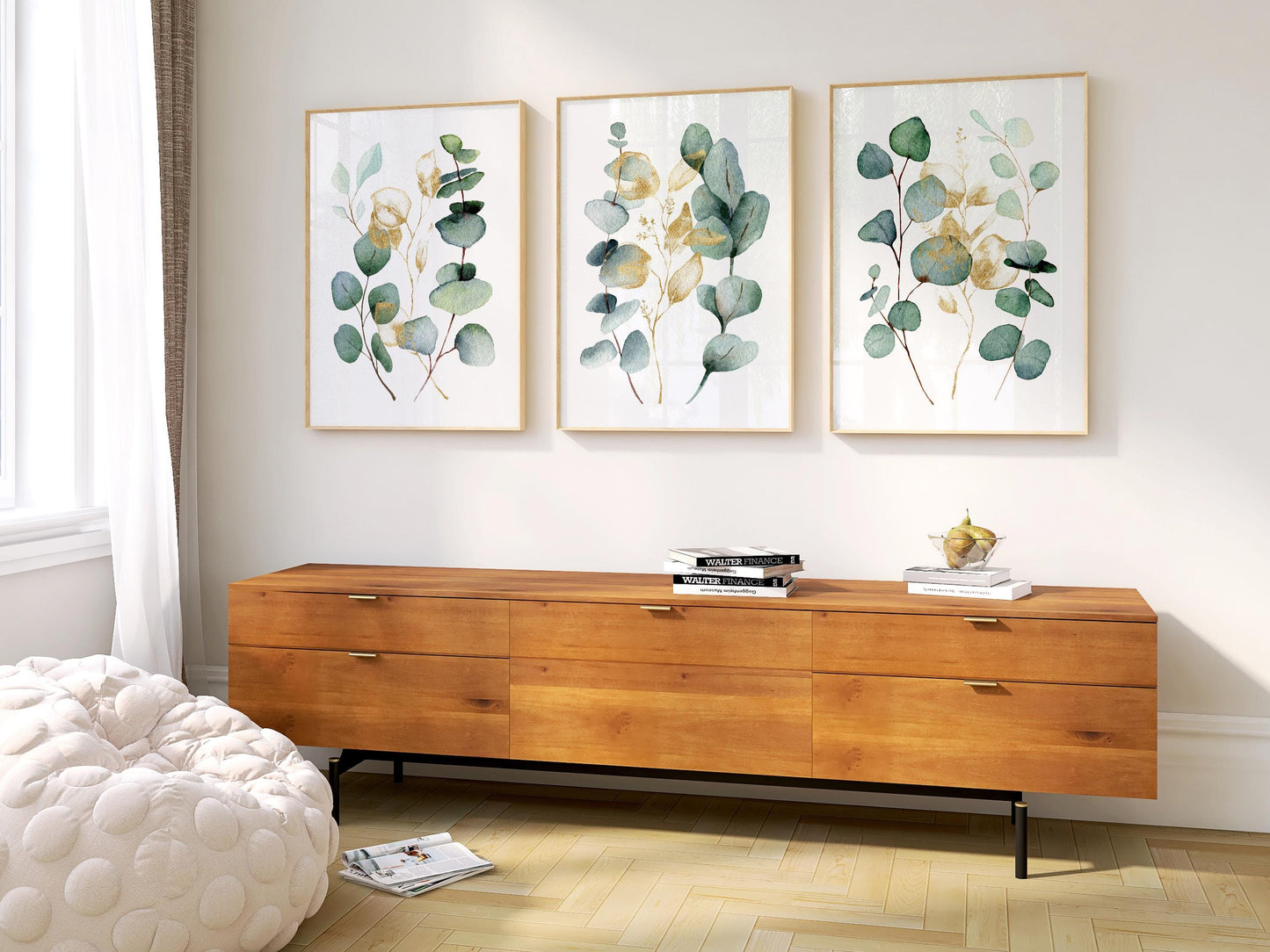 Eucalyptus Wall Art Set of 3, Sage Green Botanical Prints with Gold Accents, Neutral Minimal Decor for Kitchen Bedroom Living Room F004