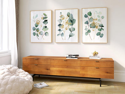 Eucalyptus Wall Art Set of 3, Sage Green Botanical Prints with Gold Accents, Neutral Minimal Decor for Kitchen Bedroom Living Room F004