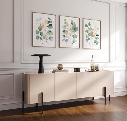 Eucalyptus Wall Art Set of 3, Sage Green Botanical Prints with Gold Accents, Neutral Minimal Decor for Kitchen Bedroom Living Room F004