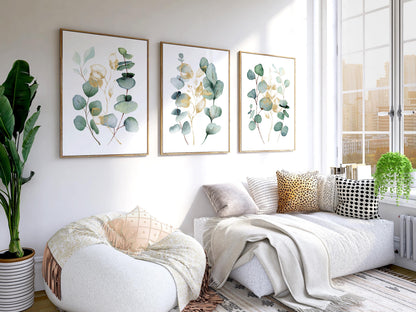 Eucalyptus Wall Art Set of 3, Sage Green Botanical Prints with Gold Accents, Neutral Minimal Decor for Kitchen Bedroom Living Room F004