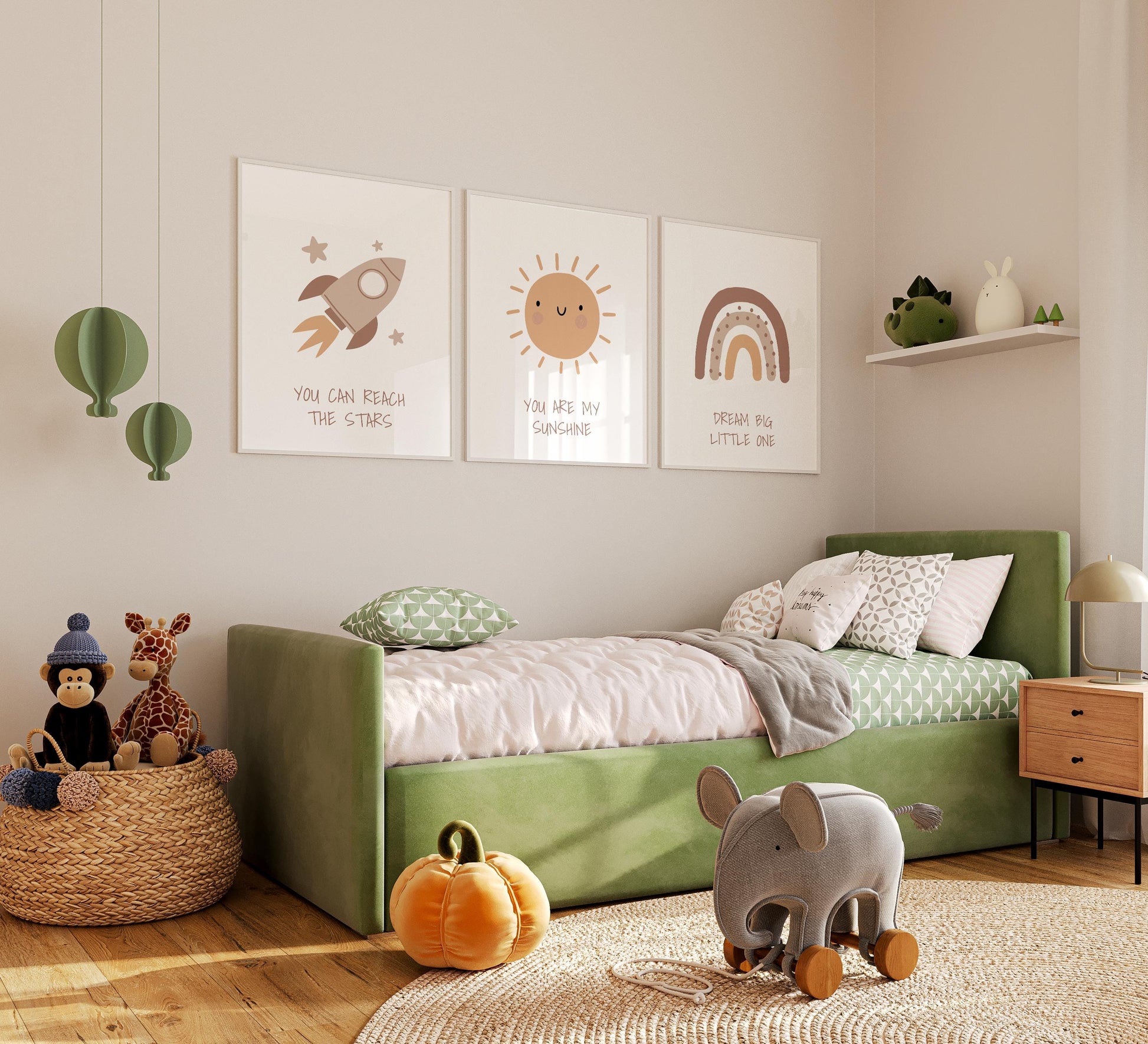 Boho Nursery Wall Art Set, Rainbow, Sun, Rocket Prints N241