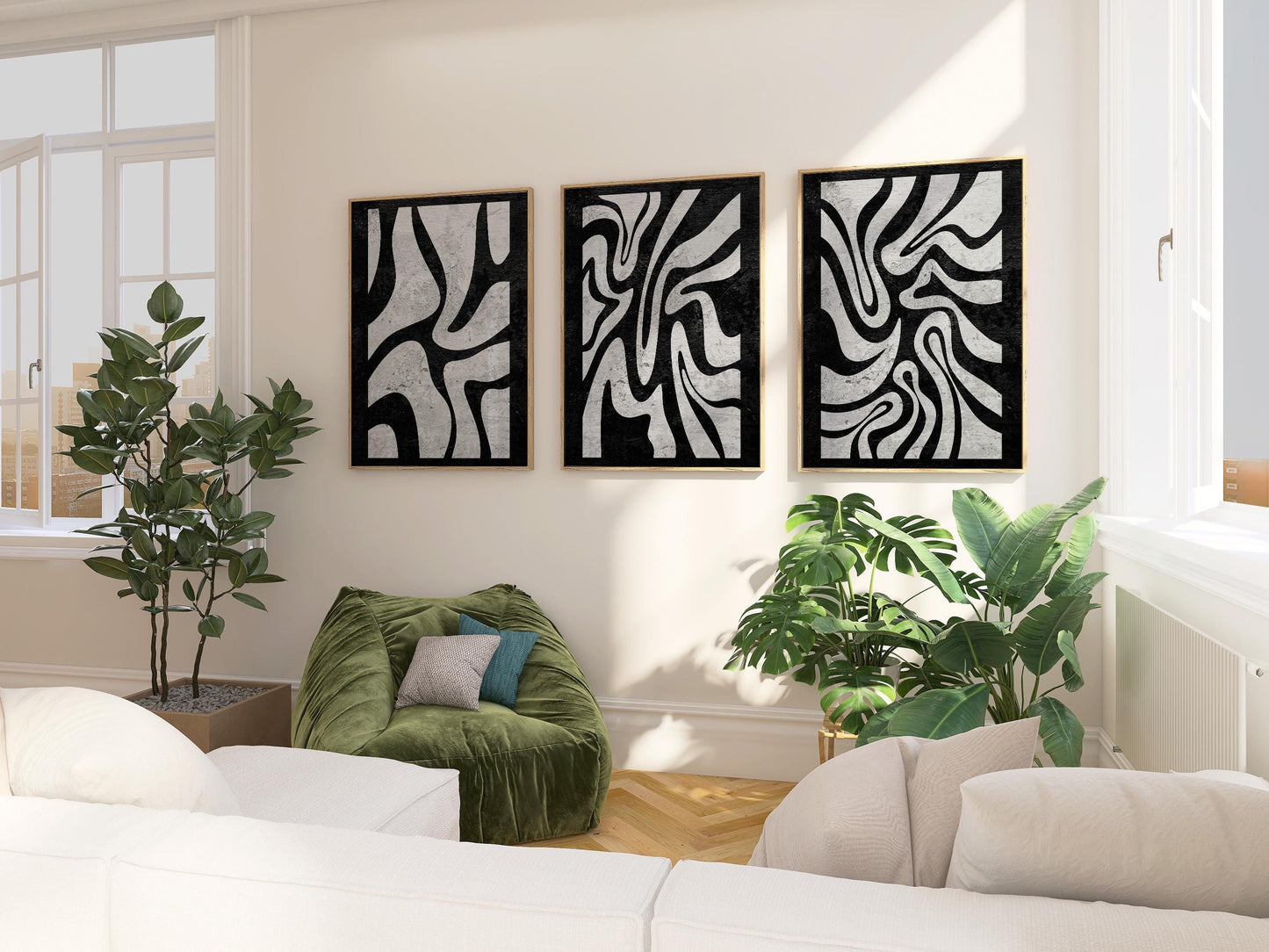 Abstract Black and White Wall Art Triptych, Minimalist Modern Prints, Mid Century Artwork for Living Room and Bedroom Decor B078