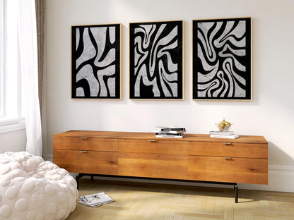 Abstract Black and White Wall Art Triptych, Minimalist Modern Prints, Mid Century Artwork for Living Room and Bedroom Decor B078