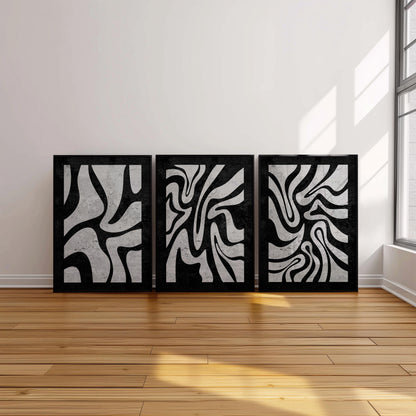Abstract Black and White Wall Art Triptych, Minimalist Modern Prints, Mid Century Artwork for Living Room and Bedroom Decor B078