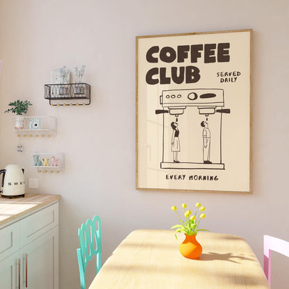 Coffee Club Retro Kitchen Print, Hand Drawn Cafe Poster, Coffee Lover Wall Art MR3