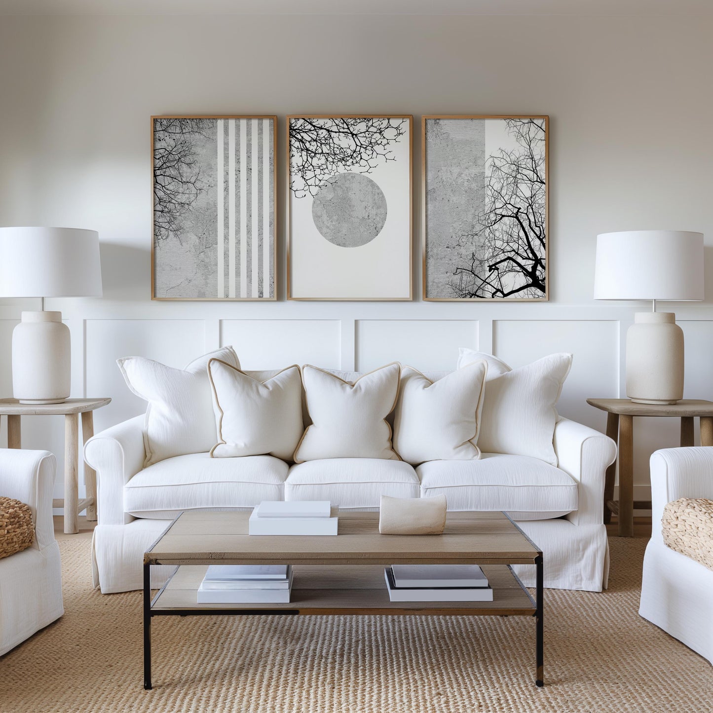 Black and White Wall Art Set of 3 – Minimalist Japandi Posters, Abstract Tree Branch Prints for Living Room Decor B105