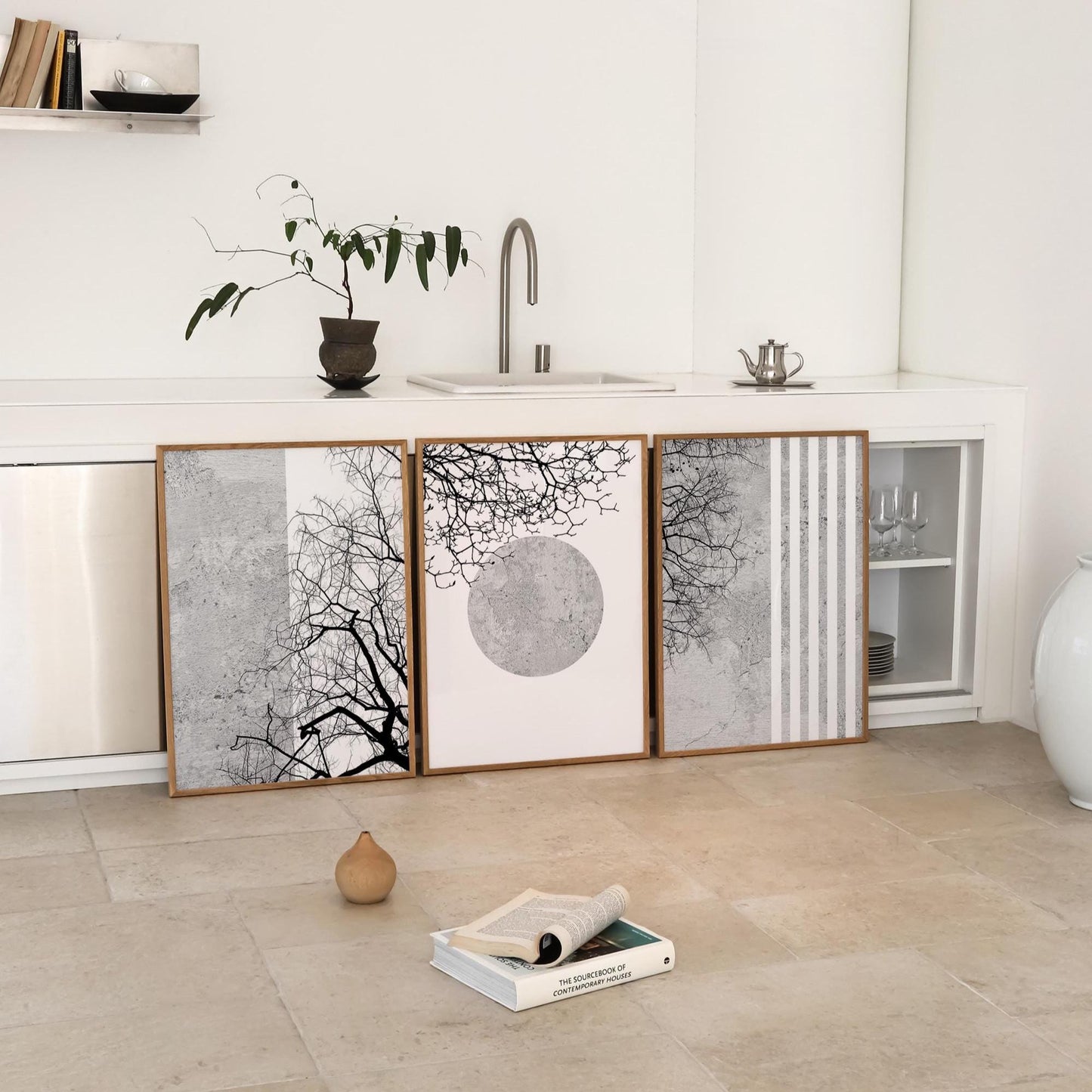 Black and White Wall Art Set of 3 – Minimalist Japandi Posters, Abstract Tree Branch Prints for Living Room Decor B105