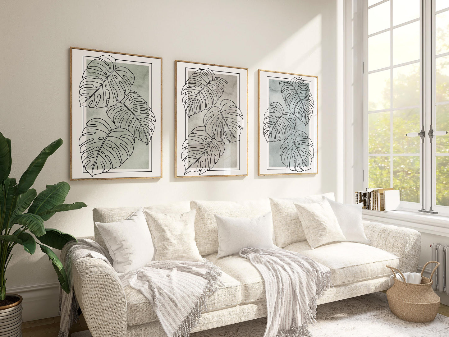 Botanical Line Art Prints, Green Abstract Boho Floral Decor, Japandi Coastal Poster Wall Art Set of 3 B136