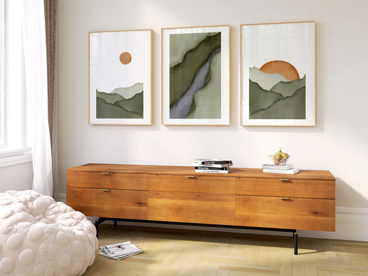 Mountain Wall Art Set of 3, Minimalist Sage Green Prints, Neutral Boho Rising Sun Posters, Japandi Wall Decor B097