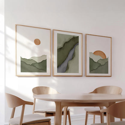 Mountain Wall Art Set of 3, Minimalist Sage Green Prints, Neutral Boho Rising Sun Posters, Japandi Wall Decor B097