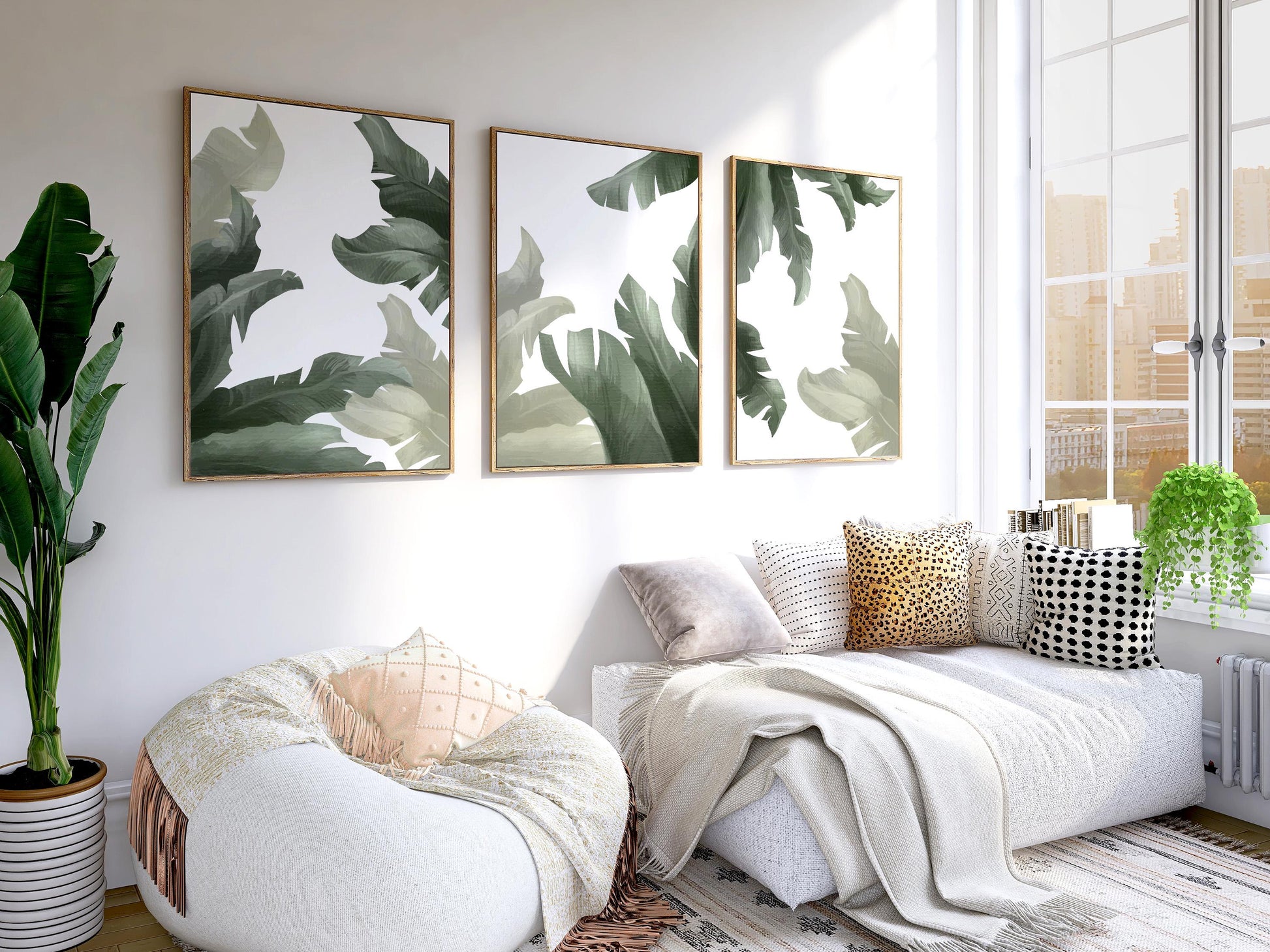 Tropical Wall Art Set of 3 – Sage Green Botanical Prints, Coastal Japandi Boho Decor for Bedroom and Living Room B138