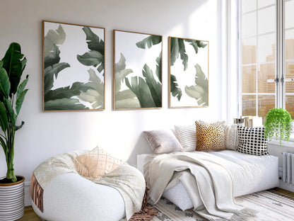 Tropical Wall Art Set of 3 – Sage Green Botanical Prints, Coastal Japandi Boho Decor for Bedroom and Living Room B138