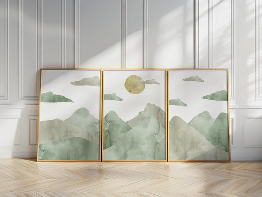 Green Mountain Landscape Triptych – Abstract Japandi Wall Art Prints B140