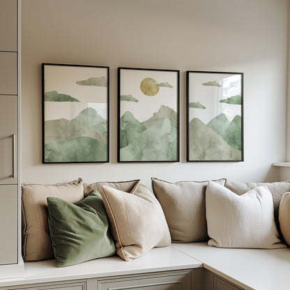 Green Mountain Landscape Triptych – Abstract Japandi Wall Art Prints B140