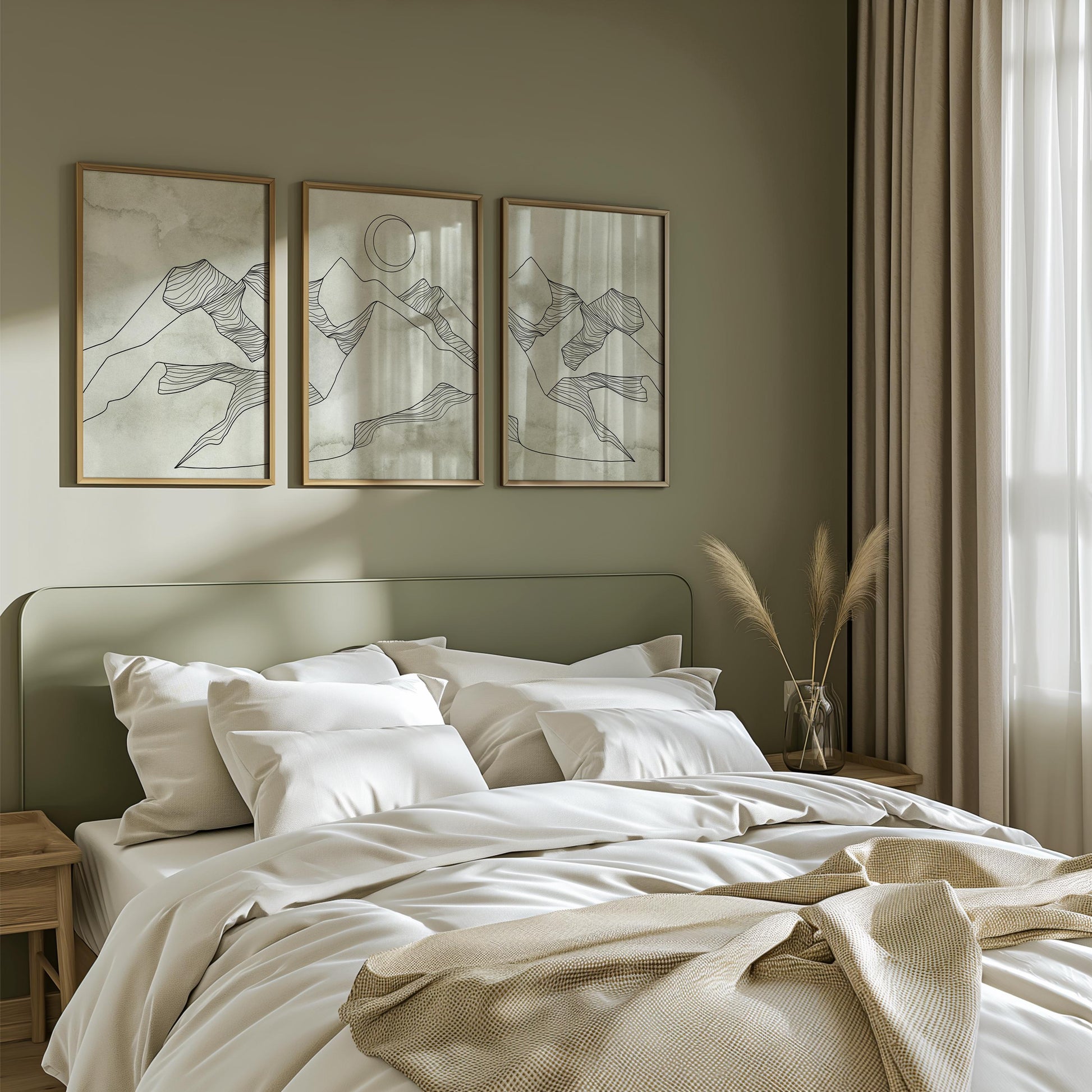 Minimalist Mountain Wall Art – Sage Green Japandi Prints, Scandinavian Abstract Gallery Set for Living Room, Bedroom & Office Decor B149