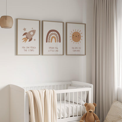 Boho Nursery Wall Art Set, Rainbow, Sun, Rocket Prints N241