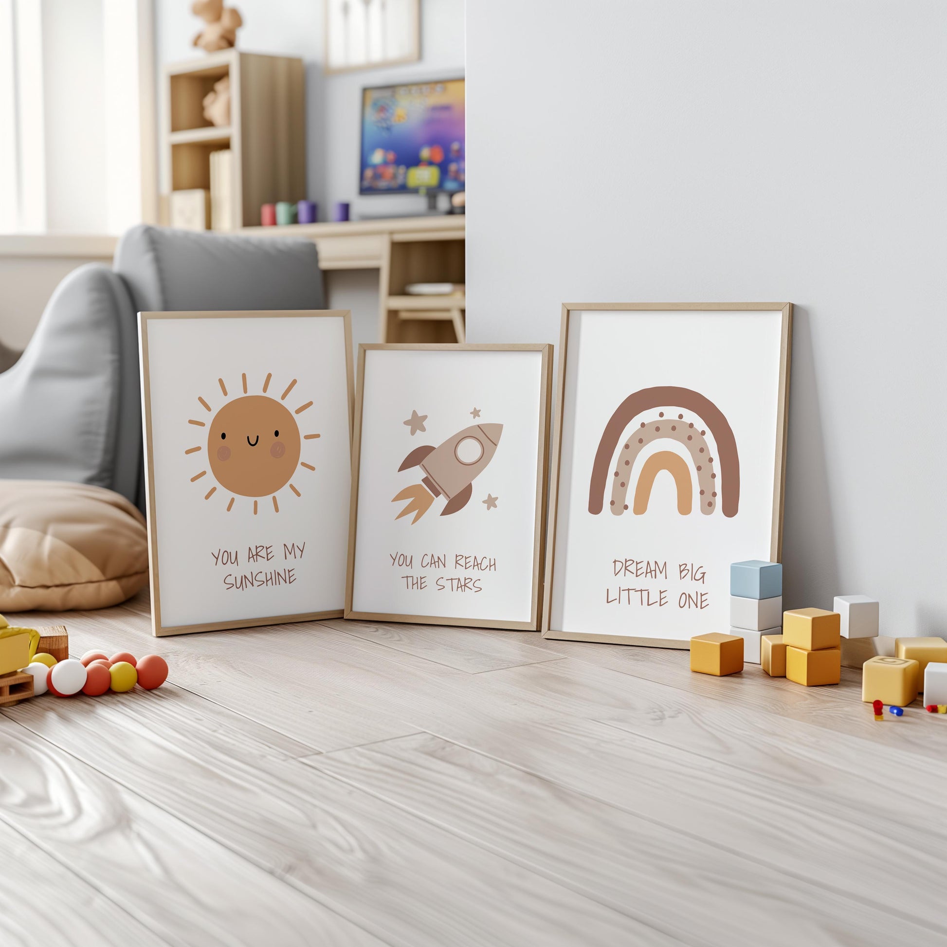 Boho Nursery Wall Art Set, Rainbow, Sun, Rocket Prints N241
