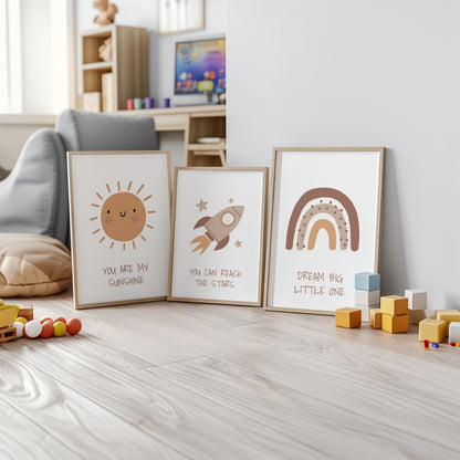 Boho Nursery Wall Art Set, Rainbow, Sun, Rocket Prints N241