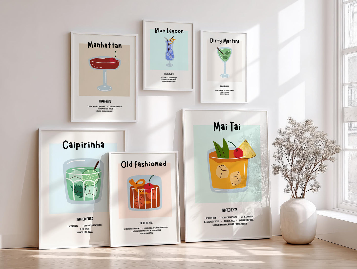 Cocktail Recipe Posters, Choose Any 3 Prints, Bar Cart Wall Art Decor D154